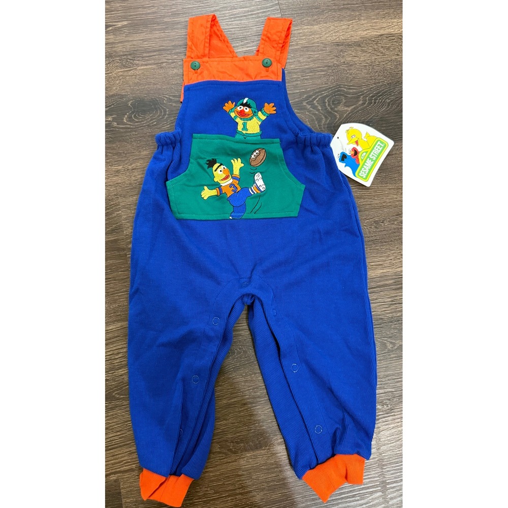 Vintage Sesame Street Bert & Ernie Football Overalls Baby 12M NWT